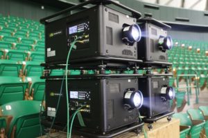 video projection equipment with green stadium seats behind the equipment 