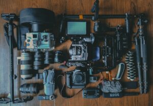 a variety of video equipment arranged together